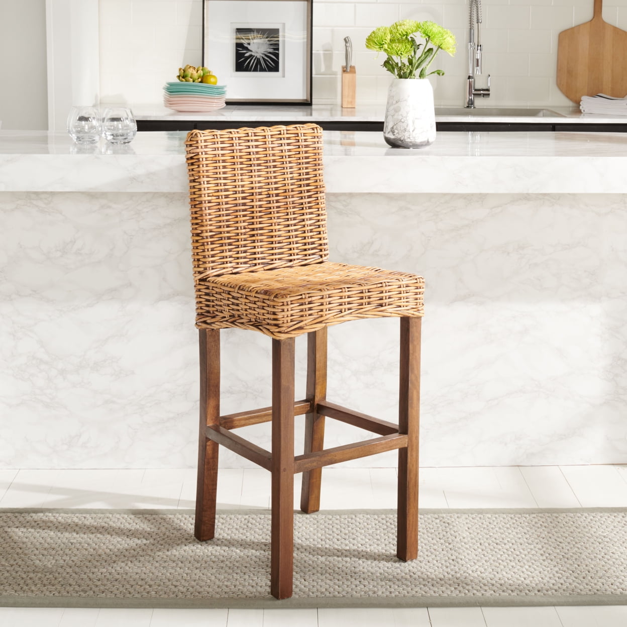 SAFAVIEH Tobie Rattan Bar Stool, Honey Brown Wash