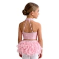 thumbnail image 2 of SiiRoh Kids Girls Sparkly 2 Piece Dance Outfit Halter Latin Jazz Dance Crop Top and Feather Briefs Fringe Skirt Pink 12, 2 of 6
