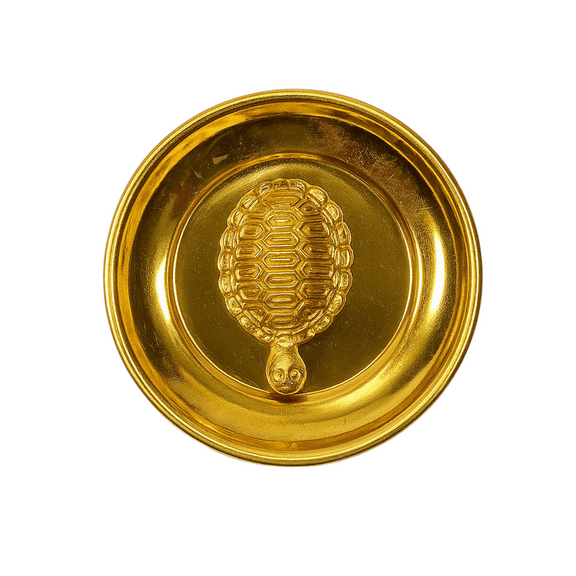 Feng Shui Tortoise for Good Luck Brass Tortoise with Plate, Small Size, Brass, Gold Colour, 1 Set, Religious