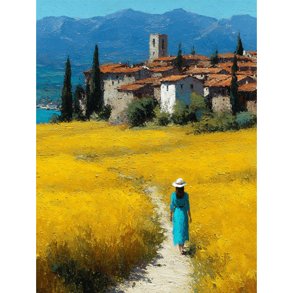 Provencal Blooming Village Walking Woman Canvas Print, Impressionist Countryside Home Bedroom Wall Decor Art