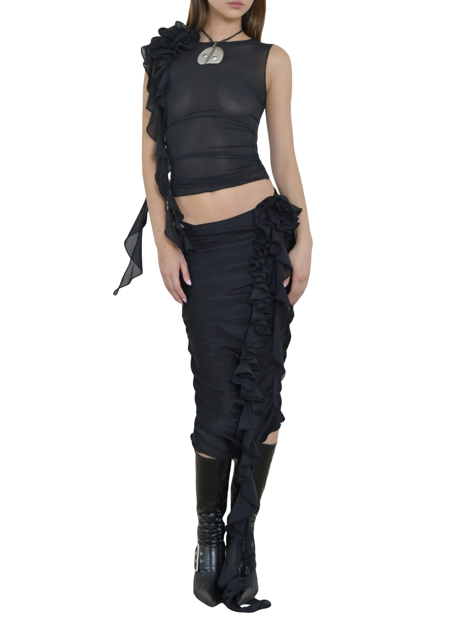 TFFR Women 3D Flower Ruffle Skirt Sets Sexy Sheer Mesh Crop Top Bodycon Mini Skirt See Through ...