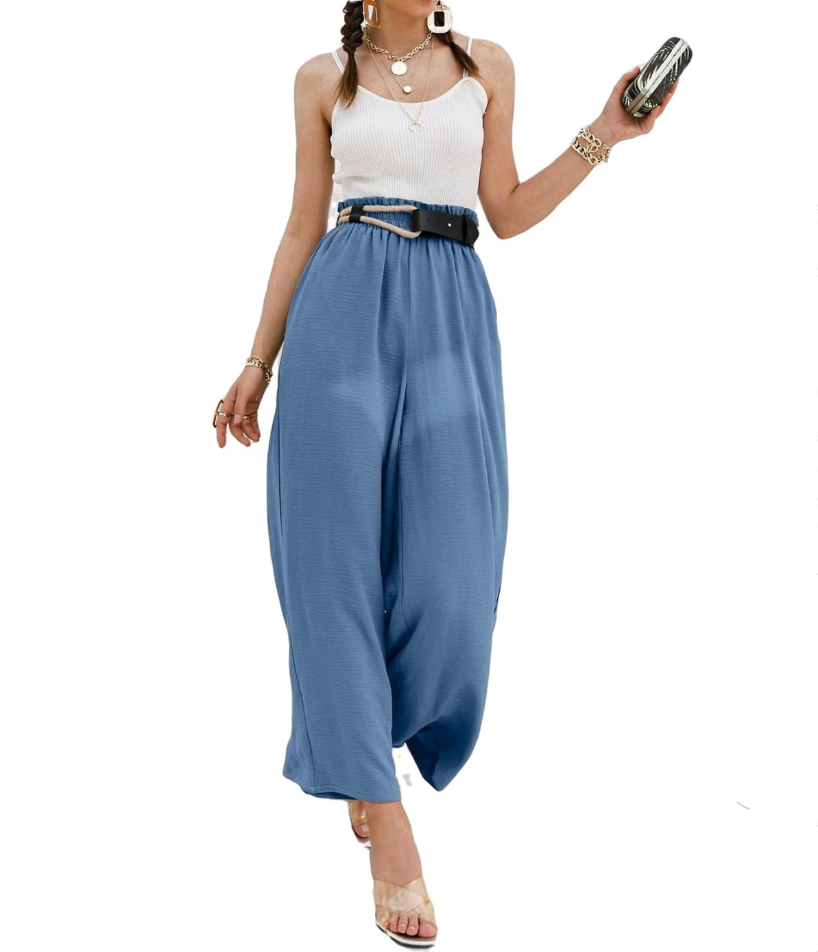 Women's Casual Elastic High Waist Wide Leg Pants Rust Brown 