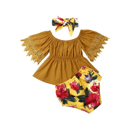 

Yinyinxull Newborn Baby Girls Clothes Off-Shoulder Lace Tops+Floral Shorts 3PCS Outfits Yellow 0-6 Months