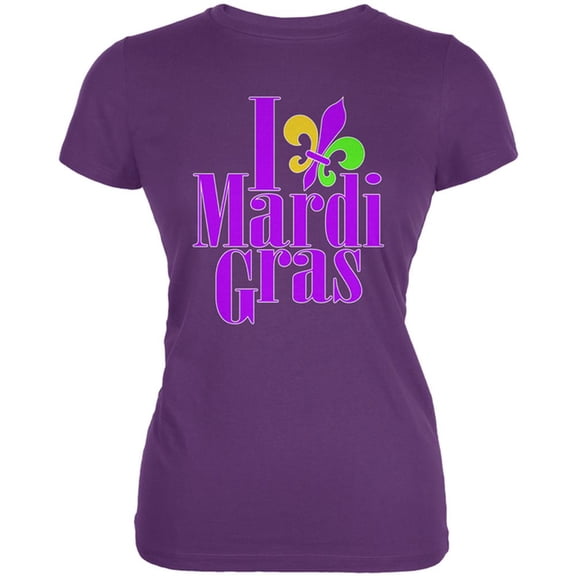 I Love Mardi Gras Fleur De Lis Juniors Soft T Shirt Plum LG