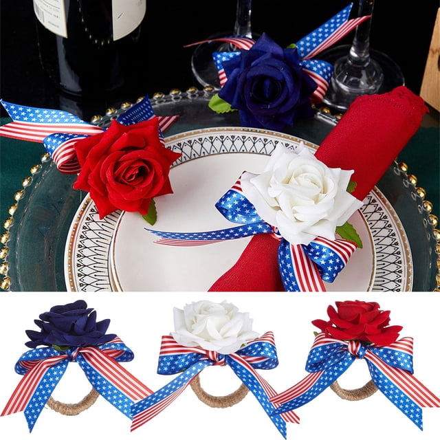 Fourth Of July Napkin Rings | Independence Day Table Decoration | Artificial Flower Design | Patriotic Cloth Napkin Holders | Durable & Festive | Single Pack