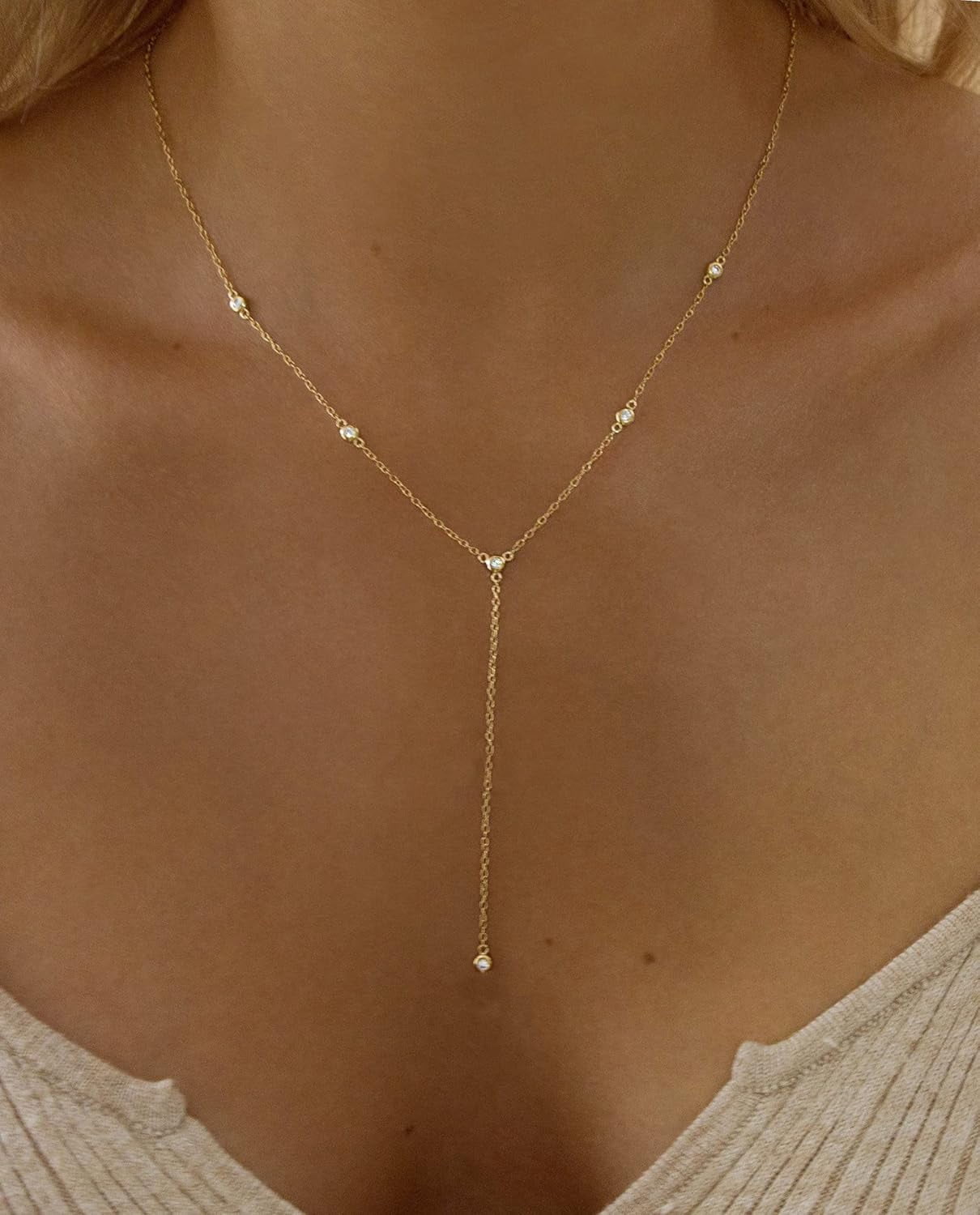 Gold Necklace for Women, Dainty Gold Long Necklaces 14k Gold Plated Prom Bar CZ Lariat Necklace Simple Choker Necklaces for Women Trendy Boho Fashion Costume Jewelry Womens