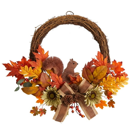 Nearly Natural Plastic Artificial Autumn Wreath, with Twig Base and Bunny 26" (Multicolor)