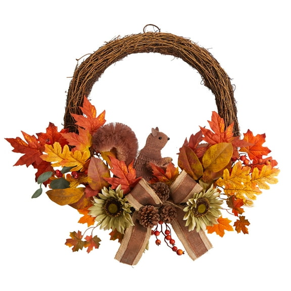 Nearly Natural Plastic Artificial Autumn Wreath, with Twig Base and Bunny 26" (Multicolor)