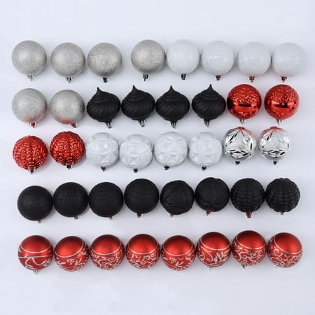Holiday Time 60 mm Christmas Shatterproof Ornaments, Red, Black, White, & Silver, 40-Count