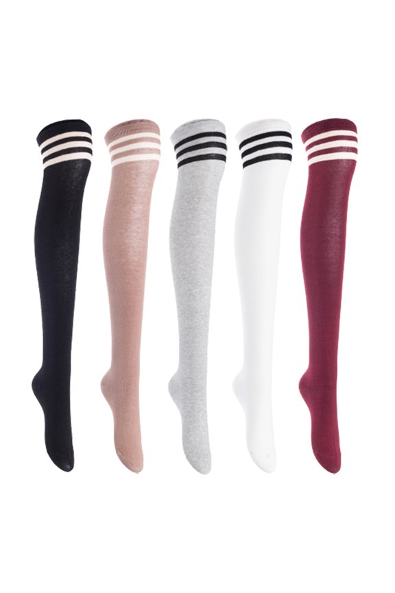 Women's 5 Pairs Adorable Comfortable Soft Thigh High Over Knee High Cotton Socks, Size 6-9, JMYP1022 (Black, Khaki, Navy, White, Wine)