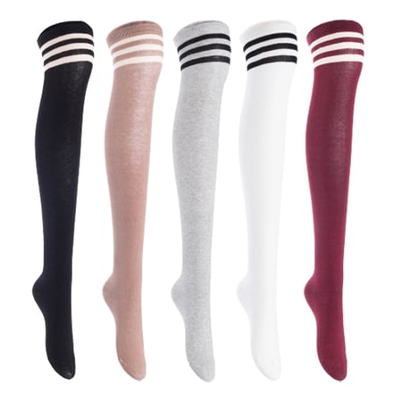 Lian LifeStyle Women's 5 Pairs Adorable Comfortable Soft Thigh High Over Knee High Cotton Socks, Size 6-9, JMYP1022 (Black, Khaki, Navy, White, Wine)