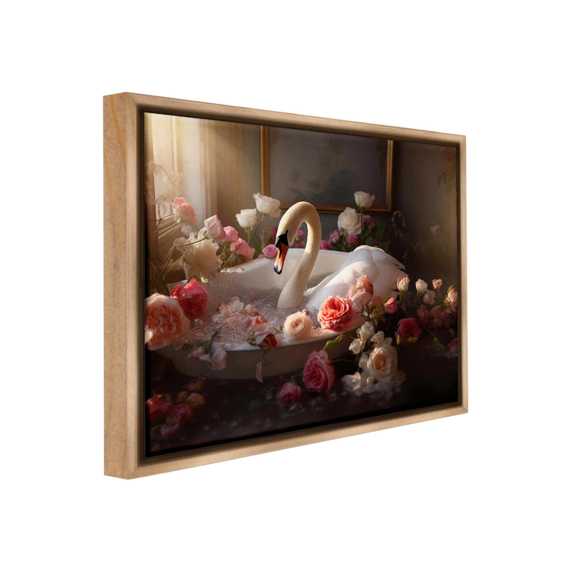 Stupell Industries Swan & Bathroom Roses Animals & Insects Painting Brown Floater Framed Canvas Art Print Wall Art, 31 x 25