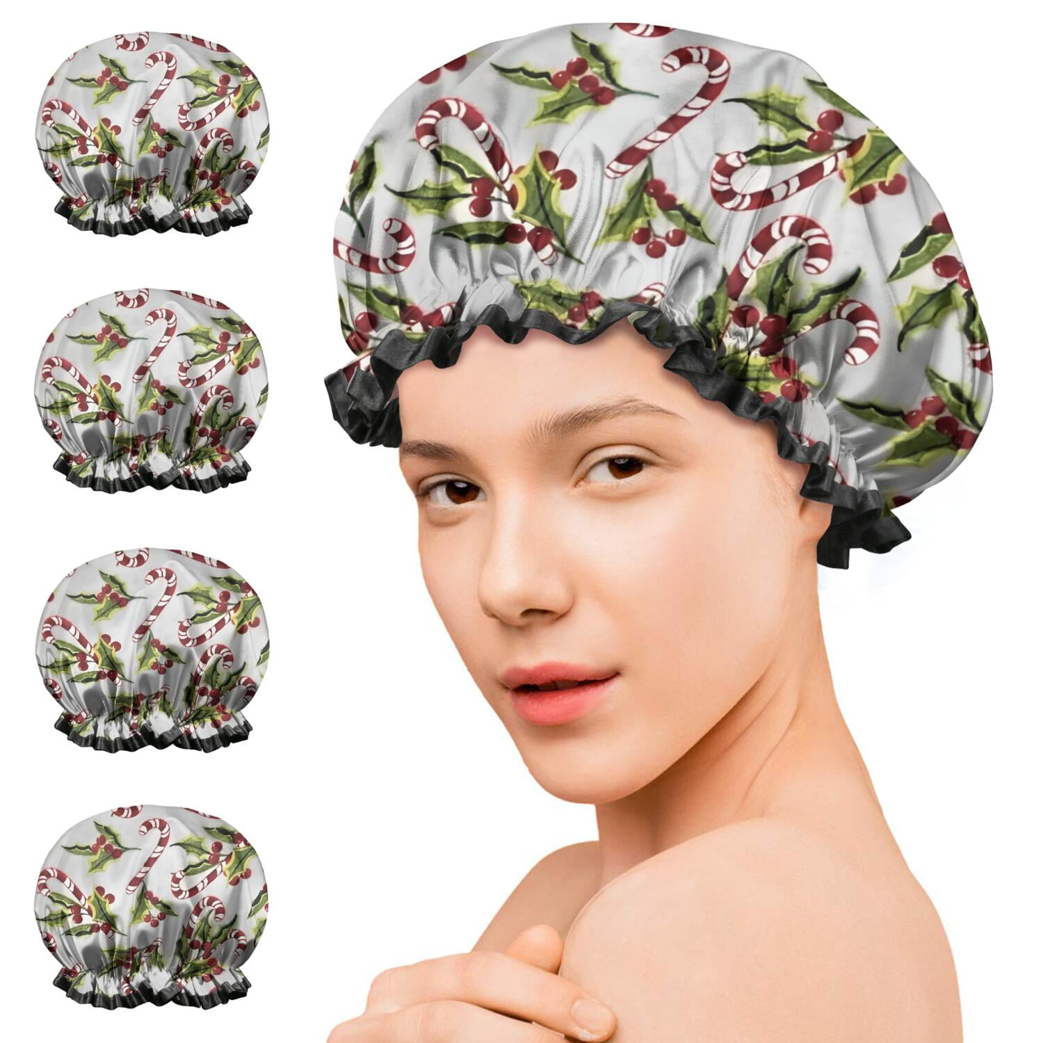 Shower Caps,White Christmas Candy Cane Pattern Waterproof Shower Cap for Women 4 Pieces,Double Reusable Hair Cover for Shower PEVA Elastic Stretch Hem