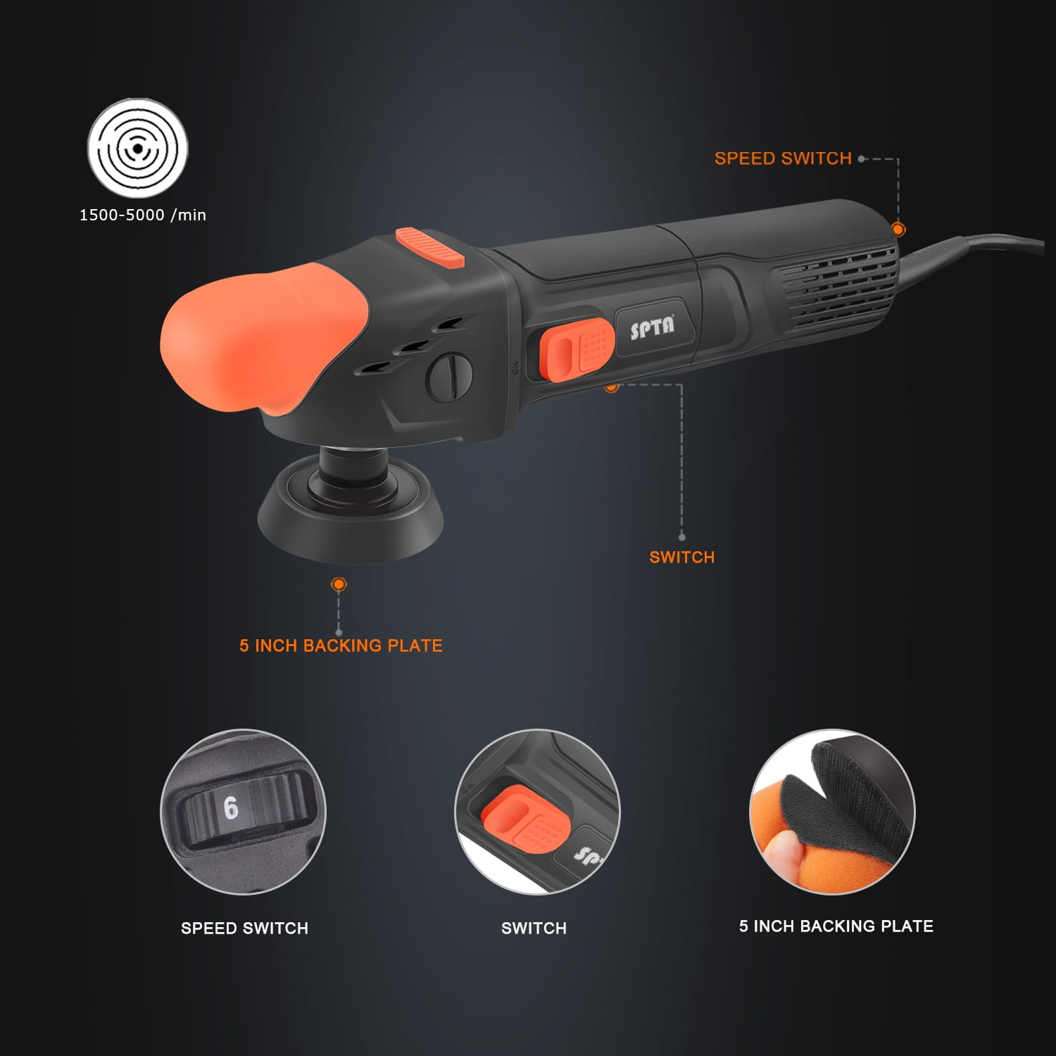 SPTA 3 Inch Digital Long Throw Car Rotary Polisher Mini Polishing Machine Buffer Detaiing