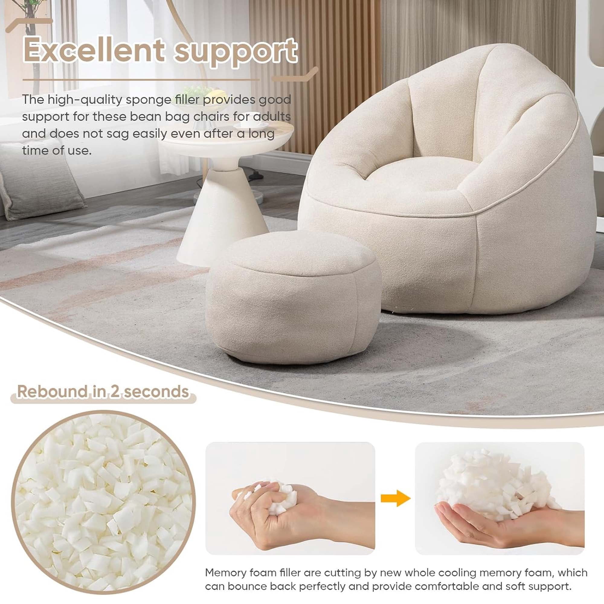 Aukfa Bean Bag Chair, Lazy Sofa Beanbag with Ottoman for Living Room, Dorm - Beige