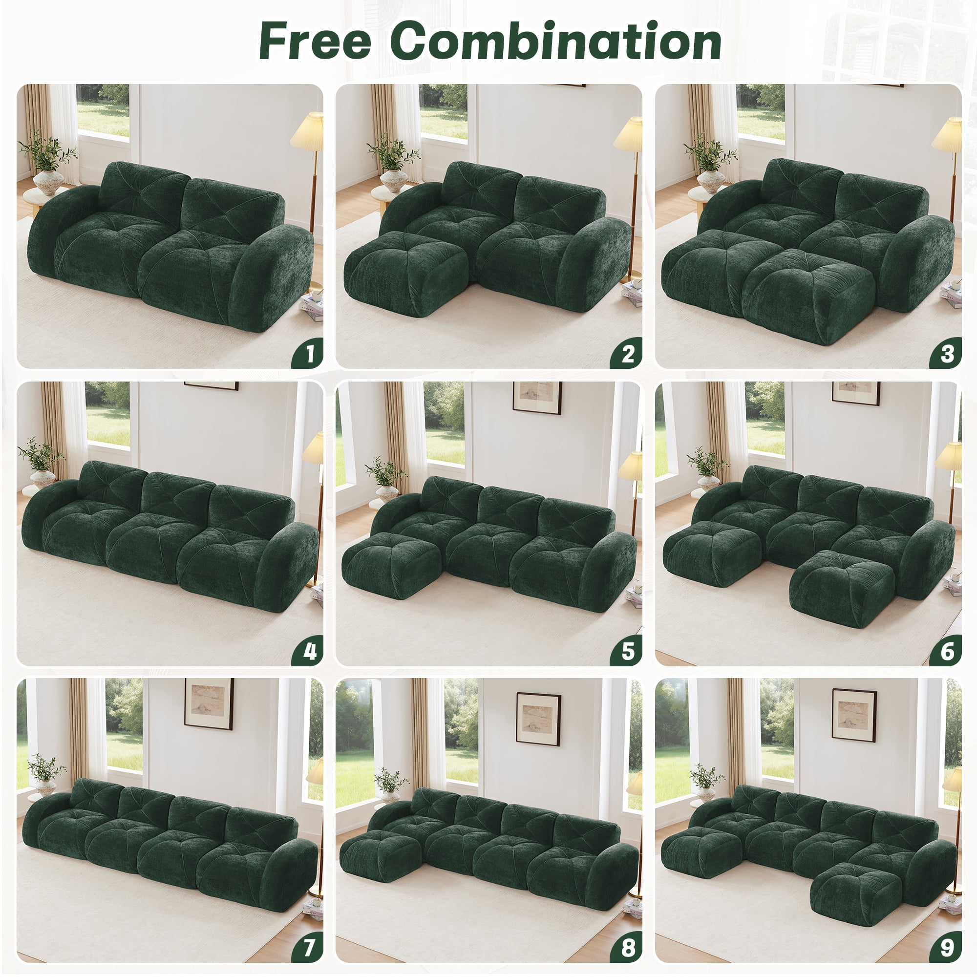 Aukfa 80" Velvet Modular Sectional Sofa, 4-Piece Boneless Living Room Couch with 2 Ottomans, Green