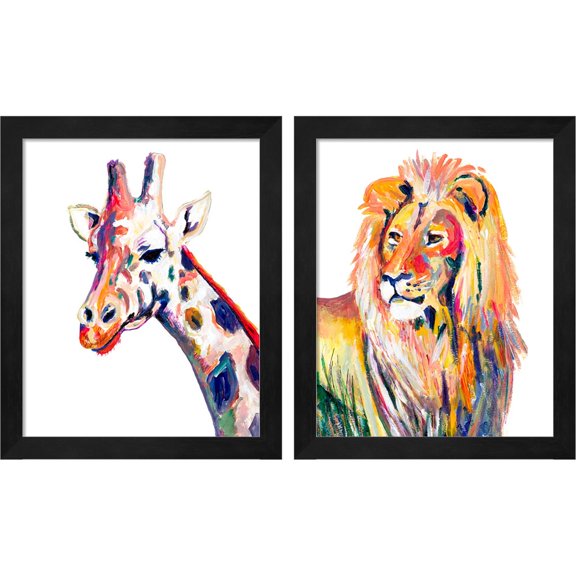 Great Art Now Colorful Giraffe & Lion on White by Andy Beauchamp, 2 Piece Framed Art Set Each 9.25"W x 11.25"H