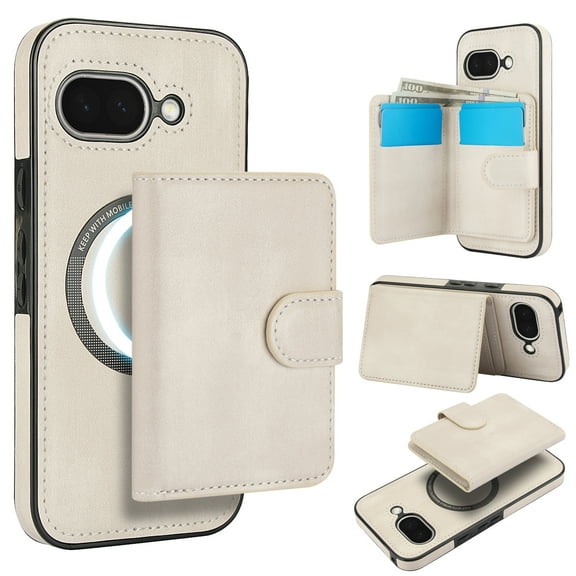 2 in 1 Detachable Magnetic Phone Cases Compatible with Google Pixel 9a, with Credit Card Holder, Classic Durable Premium PU Leather Kickstand Rugged Flip Cover for Women Men, White