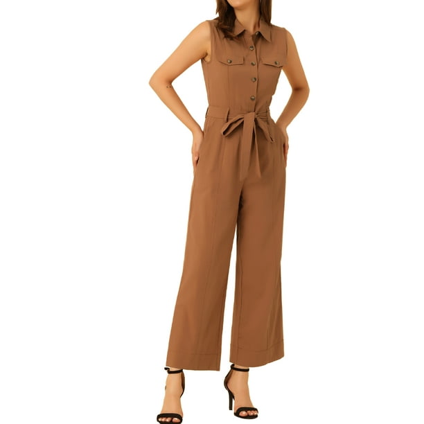 INSPIRAR CHIC Mono sin mangas con botón y lazo en la cintura para mujer, color marrón