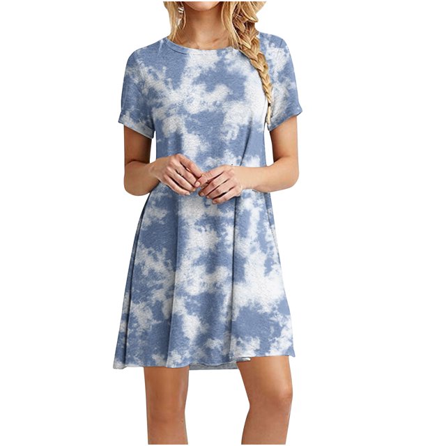 Robe Mini pour Femmes 2023 Été Décontractée à Manches Courtes Mignonne à Col Rond Robe Fluide à Imprimé Floral Ample Robe T-Shirt de Plage
