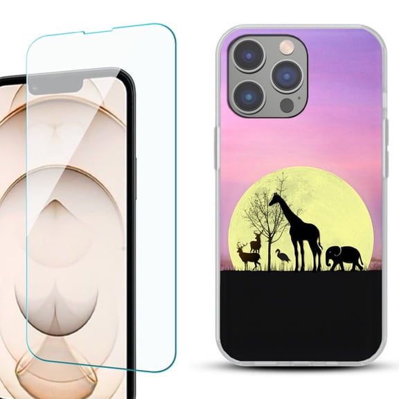 Slim-Fit Gel TPU Phone Case for iPhone 14 Pro, with Tempered Glass Screen Protector, by OneToughShield ® - Moonlight Safari