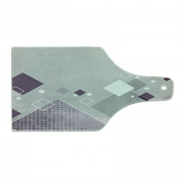 Abstract Cutting Board, Geometric Composition Different Colored Squares Striped Dotted Rhombus, Decorative Tempered Glass Cutting and Serving Board, Wine Bottle Shape, Purple White Grey, by Ambesonne