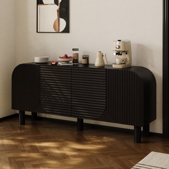 Rophefx 71" Wooden Curved Four-Door Cabinet,Modern Buffet Sideboard For Dining Room Entryway Hallway Kitchen,Black