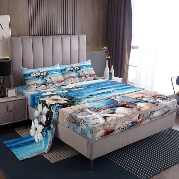 Erosebridal Summer Beach Bed Sheets Twin , Seaside Seashell Conch Starfish Bedding Sets Twin Size 3 Pieces