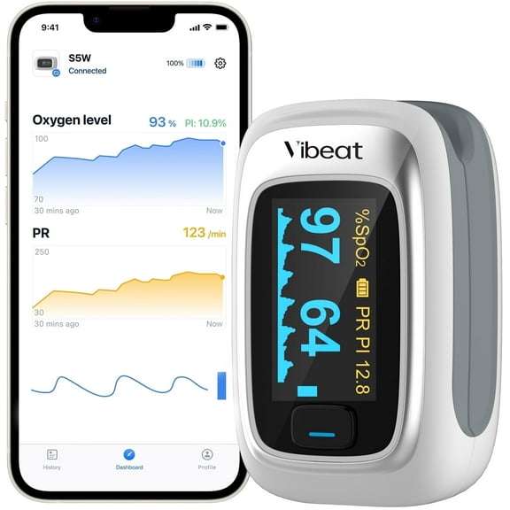 Vibeat S5W Bluetooth Pulse Oximeter for Sports - SpO2 & HR Tracker, 1 Pack w/ 2 AAA Batteries (Silver)
