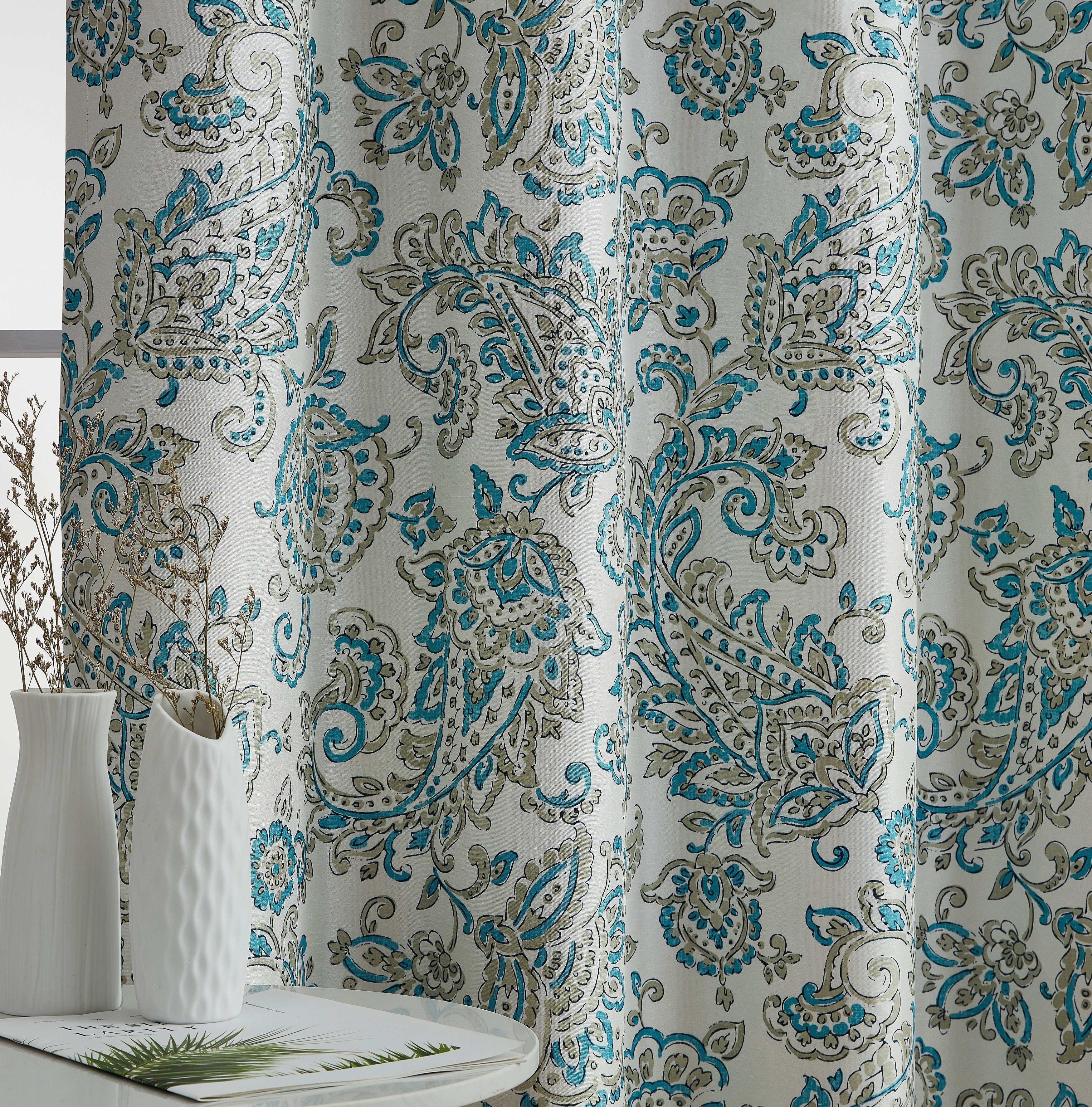 THD Paisley Faux Silk 100% Blackout Thermal Lined Energy Efficient Curtain Grommet Panels - Pair