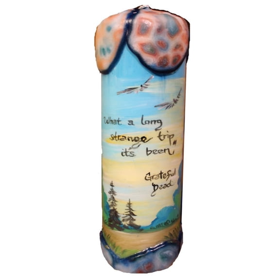 Quote Pillar Candle - "What a long strange trip it's been" Grateful Dead