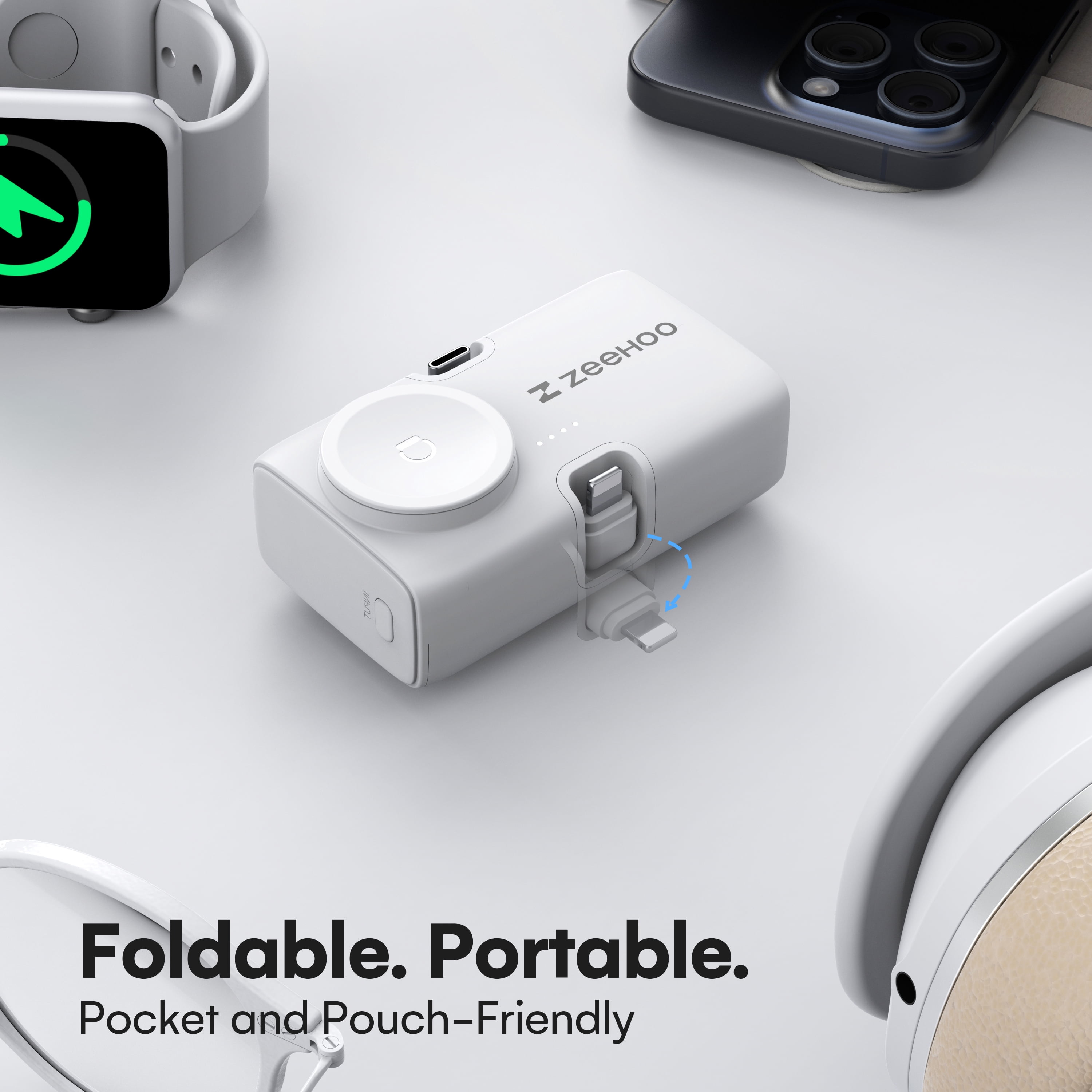 ZeeHoo Tiny Power Bank with USB-C and Lightning Connector, Portable Power Pack - Black