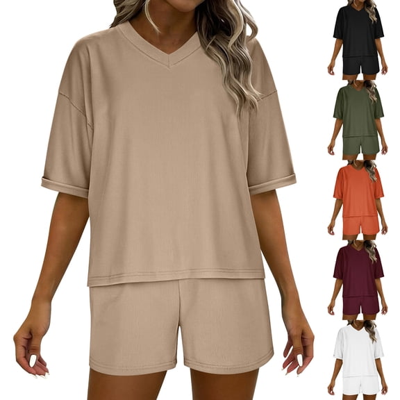 mihongmao Summer Outfits Travel Outfits for Women 2 Piece Sets Casual Loose V-neck Striped Suit Can Be Worn As Outerwear Or Home Wear Khaki L