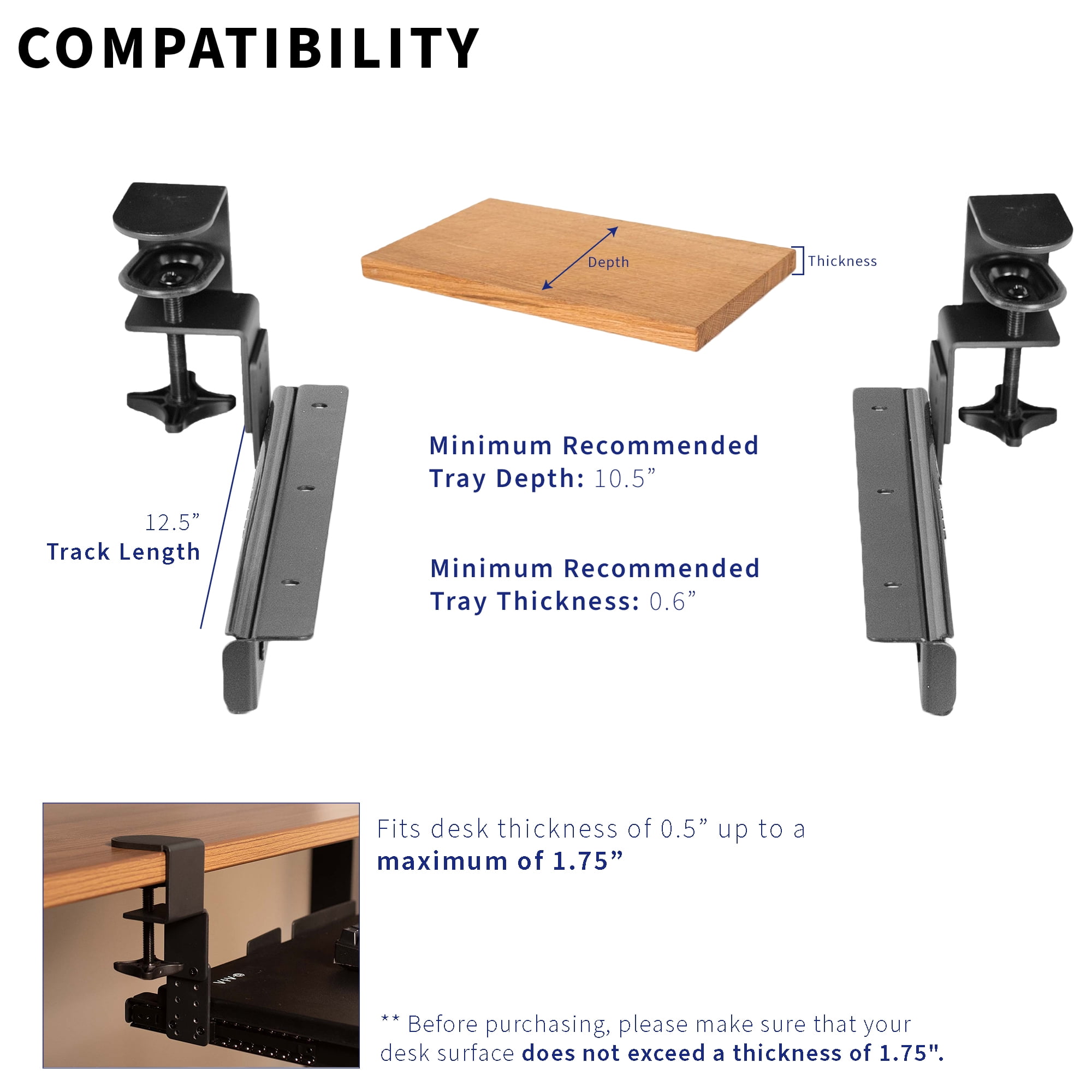 VIVO Height Adjustable Clamps & Rails for Custom Wood Keyboard Tray - Pack of 2