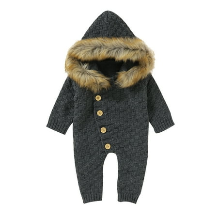 

Penkiiy Infant Baby Boys Girls Winter Keep Warm Knit Hoodie Romper Sweater Jumpsuit Cotton One-piece Romper 9-12 Months Gray on Clearance