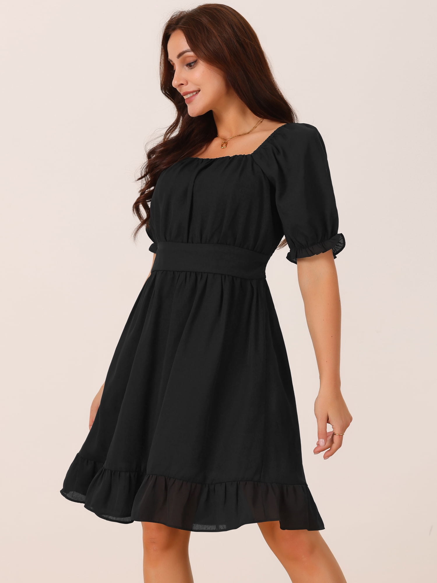 DARING DIVA Women's Summer Casual Square Neck Puff Short Sleeve Ruffle Dress XL Black