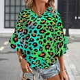 thumbnail image 3 of Neon Leopard Print Vibrant Pattern Women's V-Neck Blouse With 3/4 Ruffled Bell Sleeves Casual Top Ladies Blouses, 3 of 7