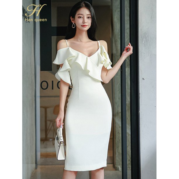 H Han Queen-vestido de verano para mujer, traje Sexy con cuello en V, elegante, con volantes, blanco, para fiesta, 2024
