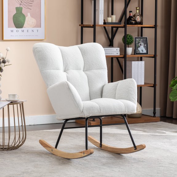 Teddy Fabric Rocking Chair, Soft Upholstered Glider Rocker with Thick Foam Cushion, Sturdy Wood Frame & Metal Rocking Base, Comfortable Accent Chair for Living Room Bedroom,Ivory