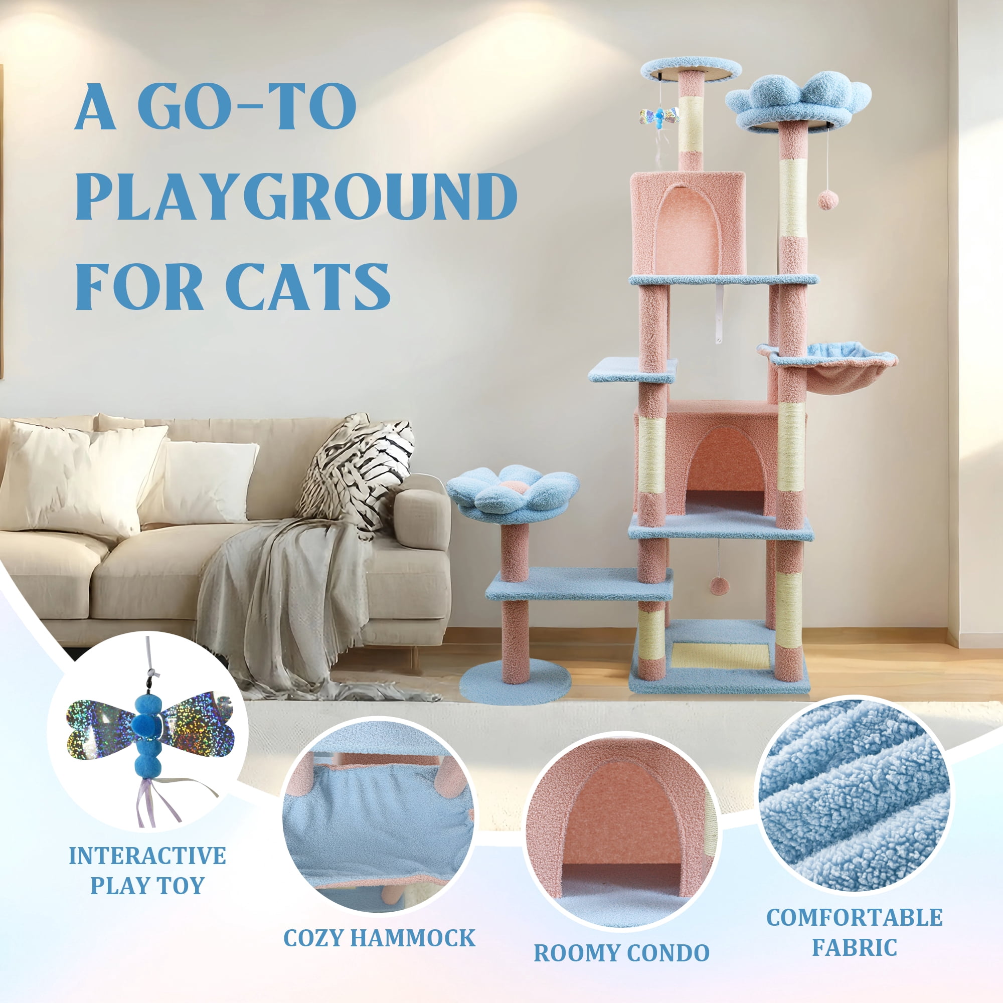 71 Inch Blue Floral Cat Tree, 7-Tier Large Cat Tower with Spacious Condo, Removable Flower Cushion & Hammock, Natural Sisal Scratching Posts for Large & Multi-Cat Homes