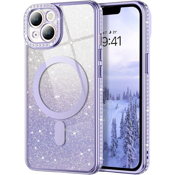 iPhone 14 Case [Compatible with MagSafe] iPhone 14 Clear Glitter Case 6.1 Inch Magnetic Slim Bling Sparkle Women Girls Girly Soft Shockproof Protective Crystal Clear Phone Cover, Purple