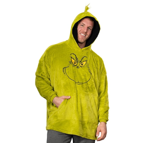 Grinch Costume Big Face Green Oversized Giant Blanket Hoodie Christmas Sleep Poncho with Hood Halloween Cosplay Extra Comfy for Lounging - One Size