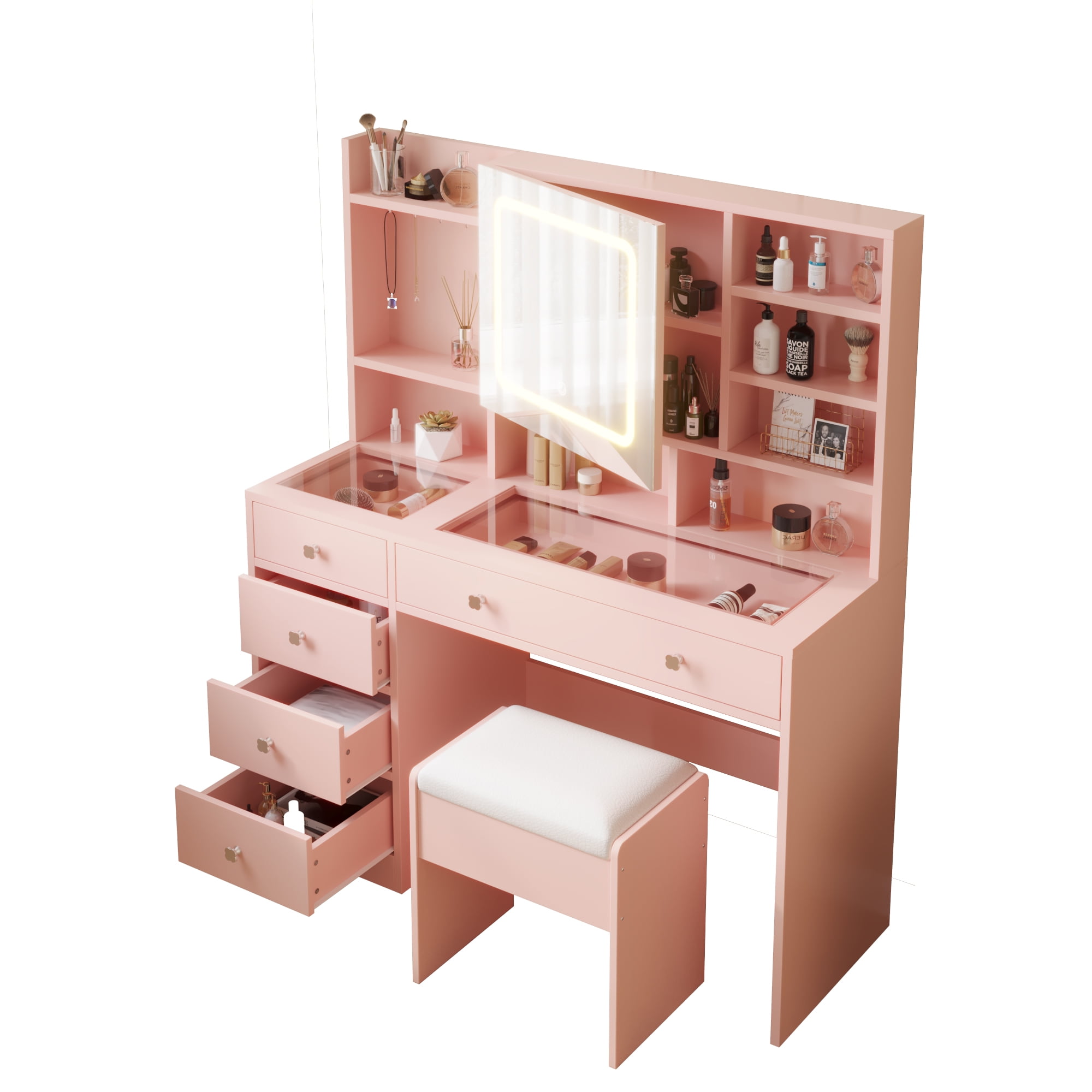 Ktaxon Large 47.2" Makeup Vanity with 3 Color Lights, Dressing Table with USB Charging Station, Light Pink