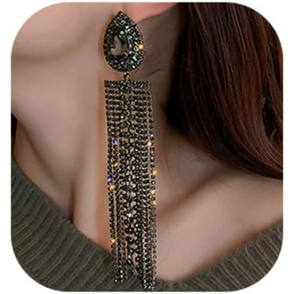 Black Teardrop Crystal Long Tassels Dangle Earrings Sparkling Rhinestone Tassel Earrings Bohemian Chandelier Tassel Dangle Earrings for Women(Black)
