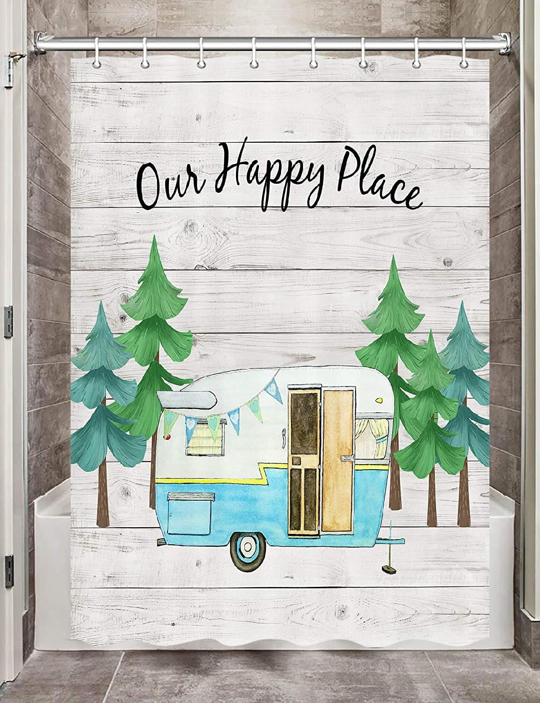 RV Camping Shower Curtain for Bathroom, Rustic Farmhouse Wood Wall