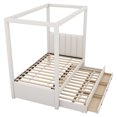 thumbnail image 5 of Twin Size Upholstery Canopy Platform Bed with Trundle and 3 Storage Drawers, Modern Style Platform Bed Frame with Headboard and Heavy Duty Slat, No Box Spring Needed, Beige, 5 of 9
