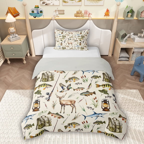 Erosebridal Hunting and Fishing Twin Bedding, Rustic Farmhouse Lodge Cabin Duvet Cover Set, Gray Reversible, 1 Duvet Cover and 1 Pillowcase (No Comforter)