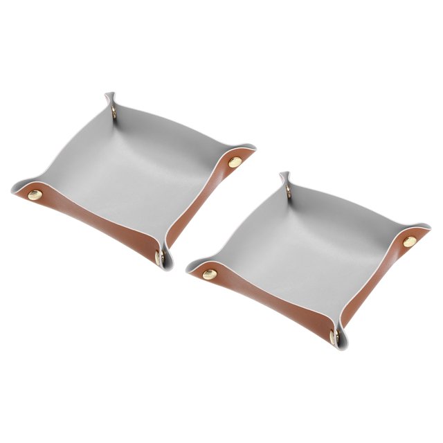 2uds PU Cuero Joyería Bandeja 6.3x6.3 Plegable Valet Bandeja Organizador Colectora Bandeja para Viaje Noche Mesa Llave Moneda Reloj, Gris-Marrón
