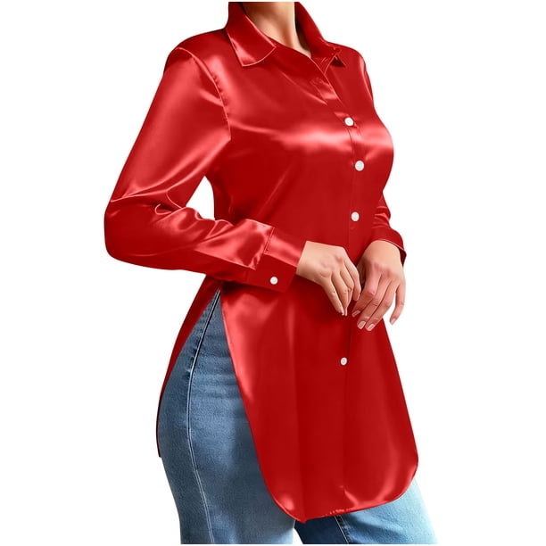 Usted Es Más Que una Prueba de Puntuación de la Camisa de las Mujeres Casual Suelto Sólido Cuello de Giro Asimétrico Doblado Manga Larga Satén Botón Superior