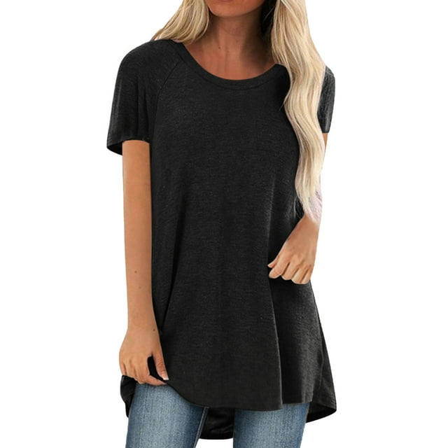 MAWCLOS T-Shirt Col Rond Tops Manches Courtes Tee Shirt Tunique Été Couleur Unie Blouse Noir S